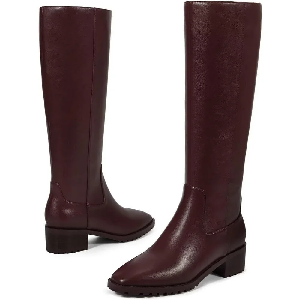 Women Brown Chunky Low Heel Square Toe Elastic Tall Boots Side Zipper PU Lea